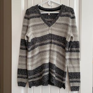 Sonoma Gray and Black Striped V-Neck Sweater